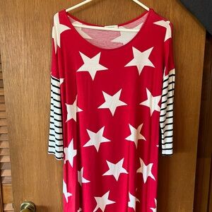 Red Star Pattern Dress with Striped Sleeves